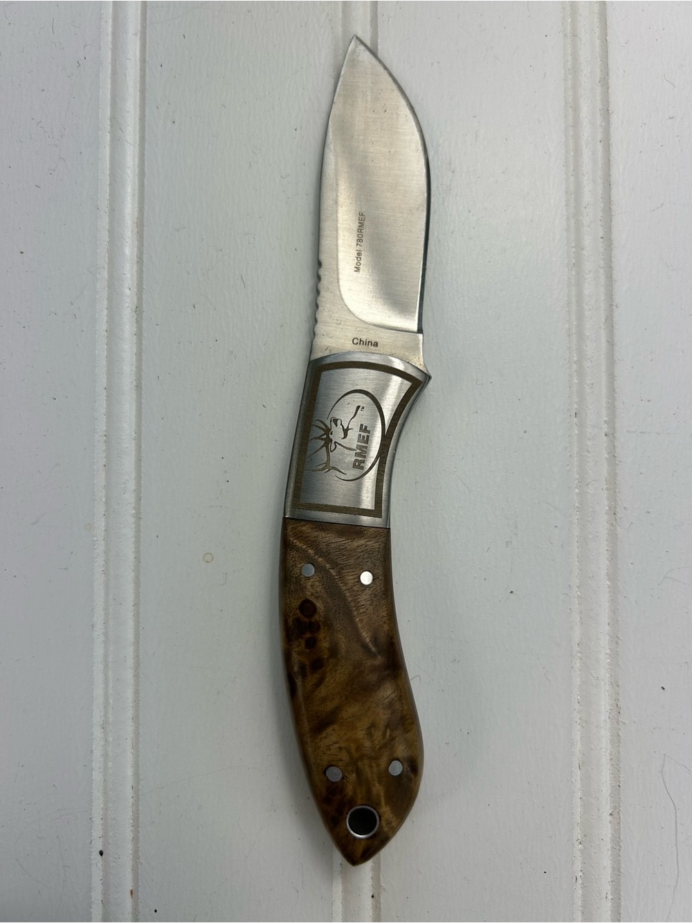 Browning Knife RMEF Belt Brown Wood Handle Silver Blade Holder Hunting - Picture 2 of 8